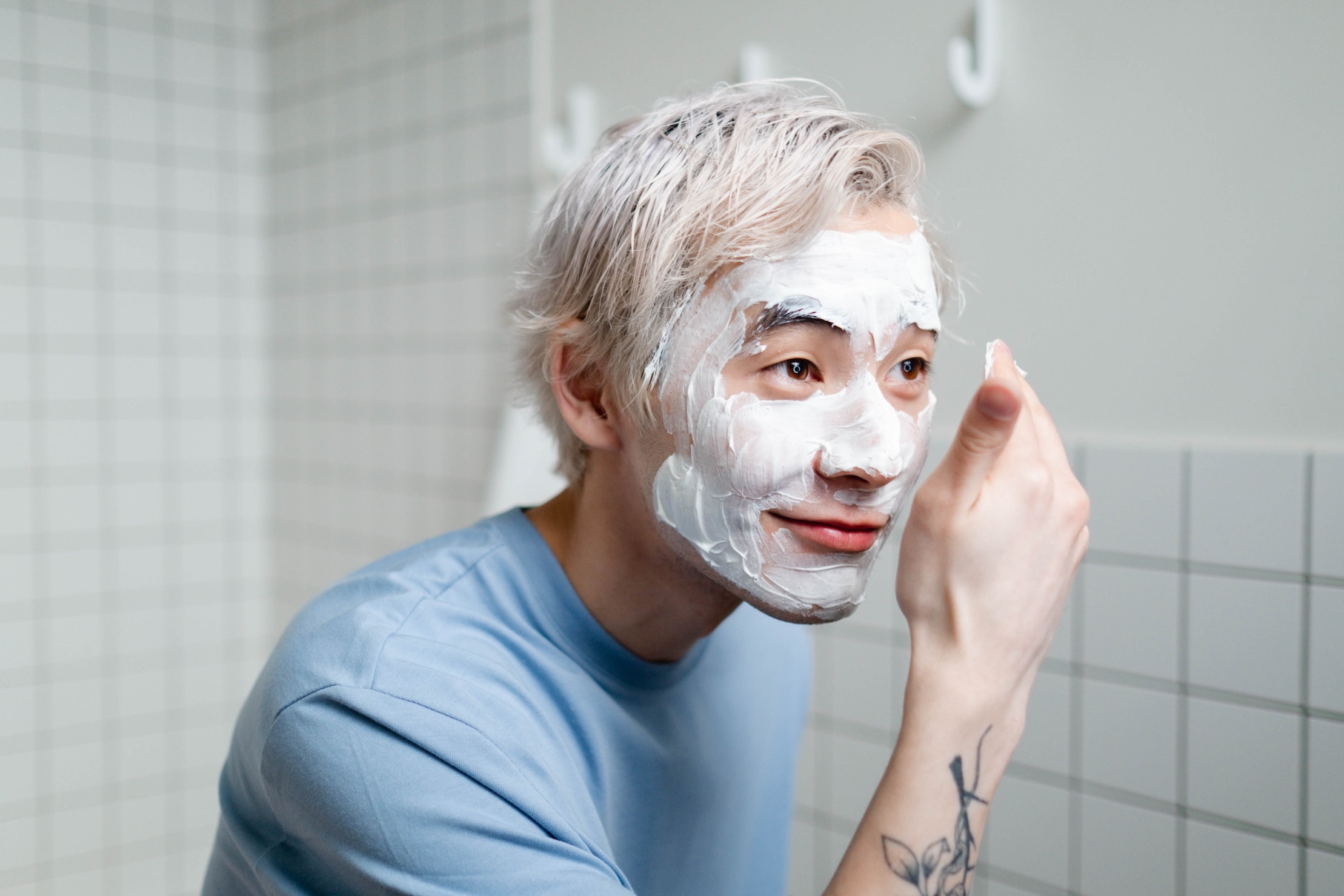 A man with the mask applied all over the face